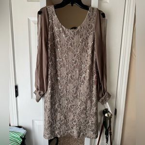 Formal Sequin and Lace Cocktail Dress with Slit Long Sleeves